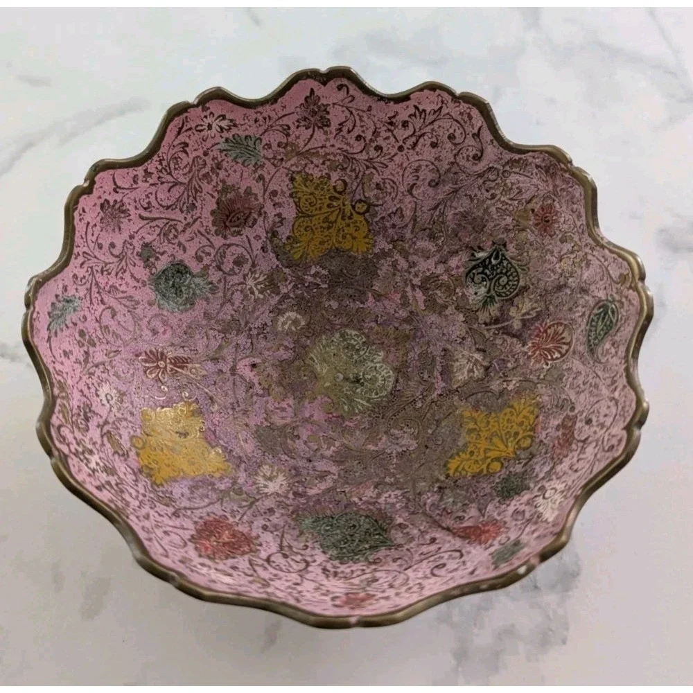 Vintage Kashmiri Brass Enamel Bowl 6.5